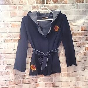 CAITE Embroidered Wrap Jacket Large Hooded Boho Artsy